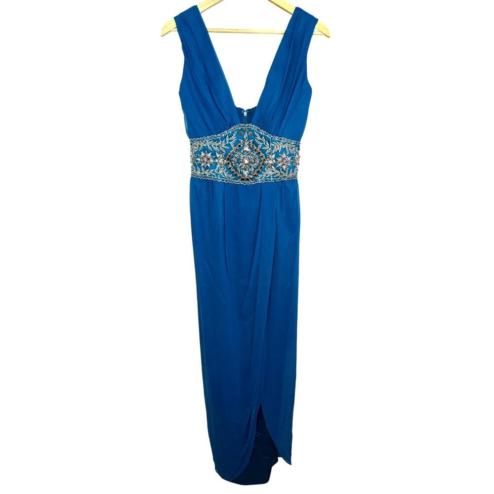 NWT Mandalay Turquoise Silk Beaded Embellished Maxi Evening Gown Dress Size 4